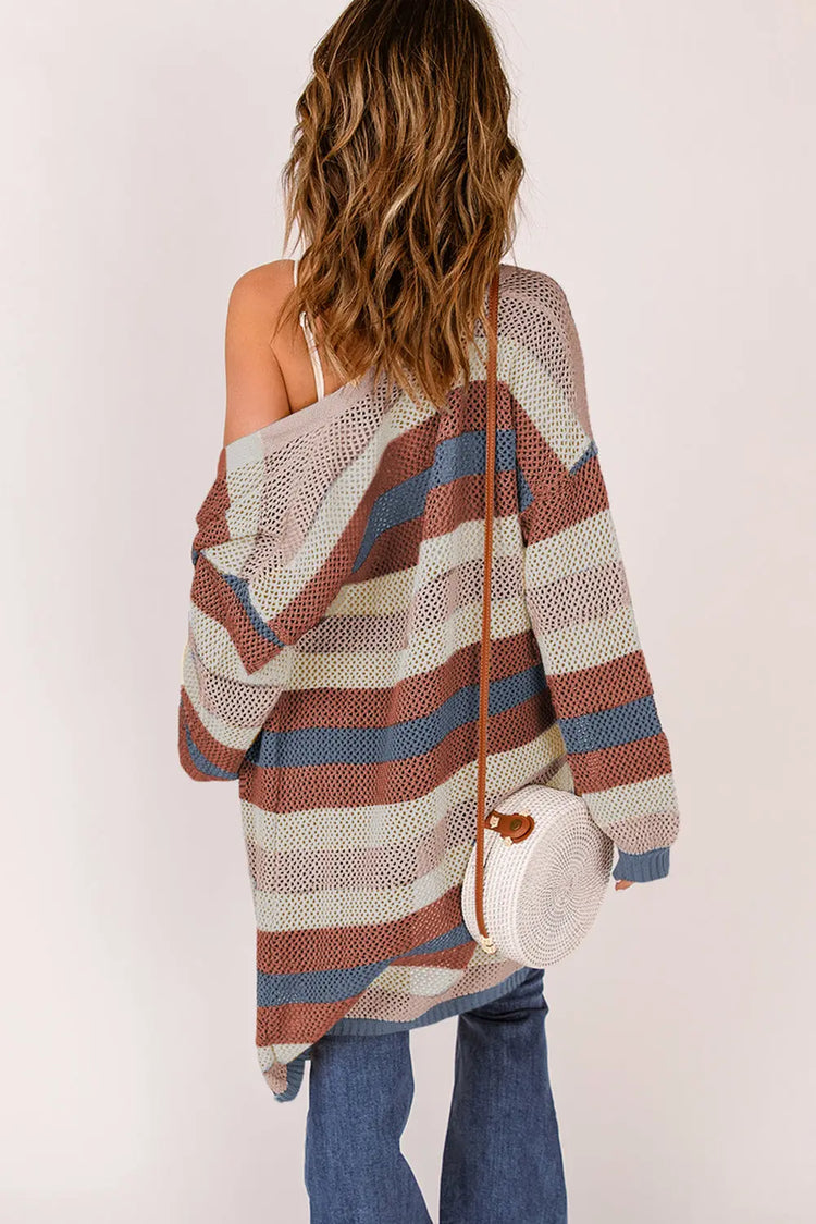 Full Size Striped Long Sleeve Openwork Cardigan STYLE SOURCE