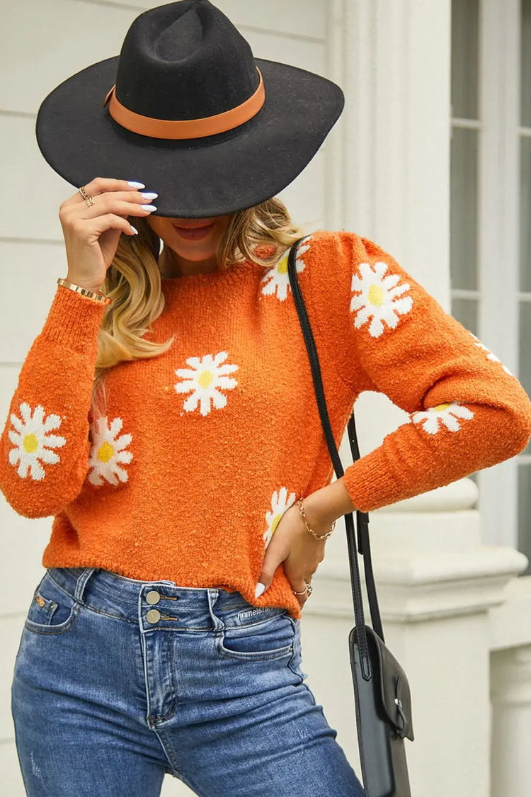 Flower Pattern Round Neck Long Sleeve Pullover Sweater STYLE SOURCE
