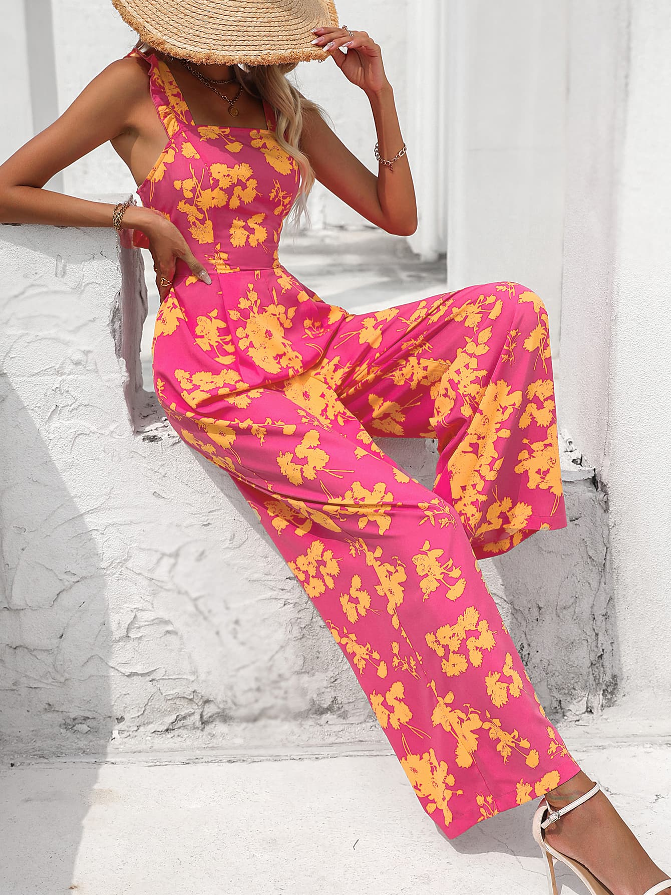 Floral Square Neck Cutout Tie Back Jumpsuit STYLE SOURCE