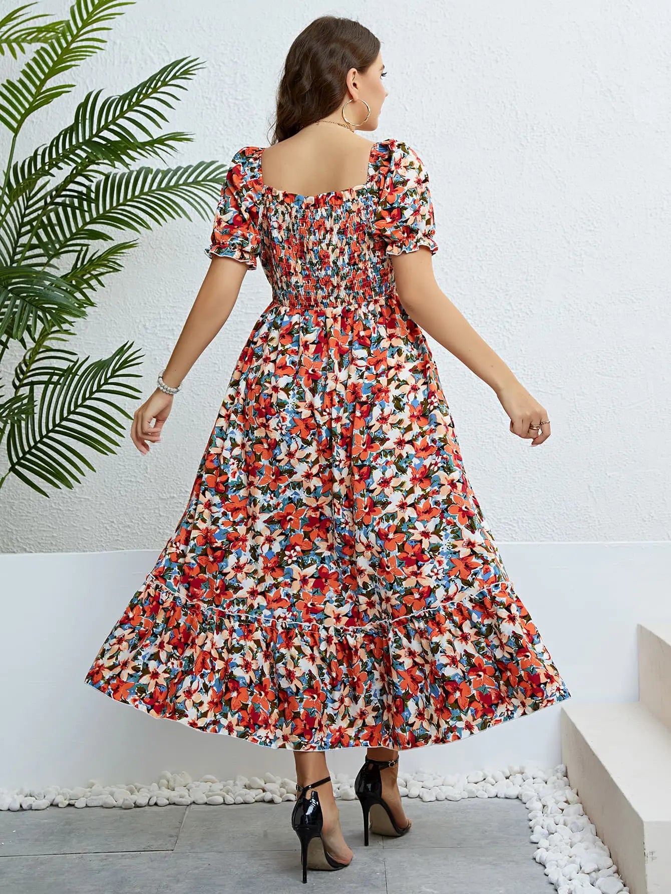 Plus Size Floral Smocked Square Neck Dress STYLE SOURCE