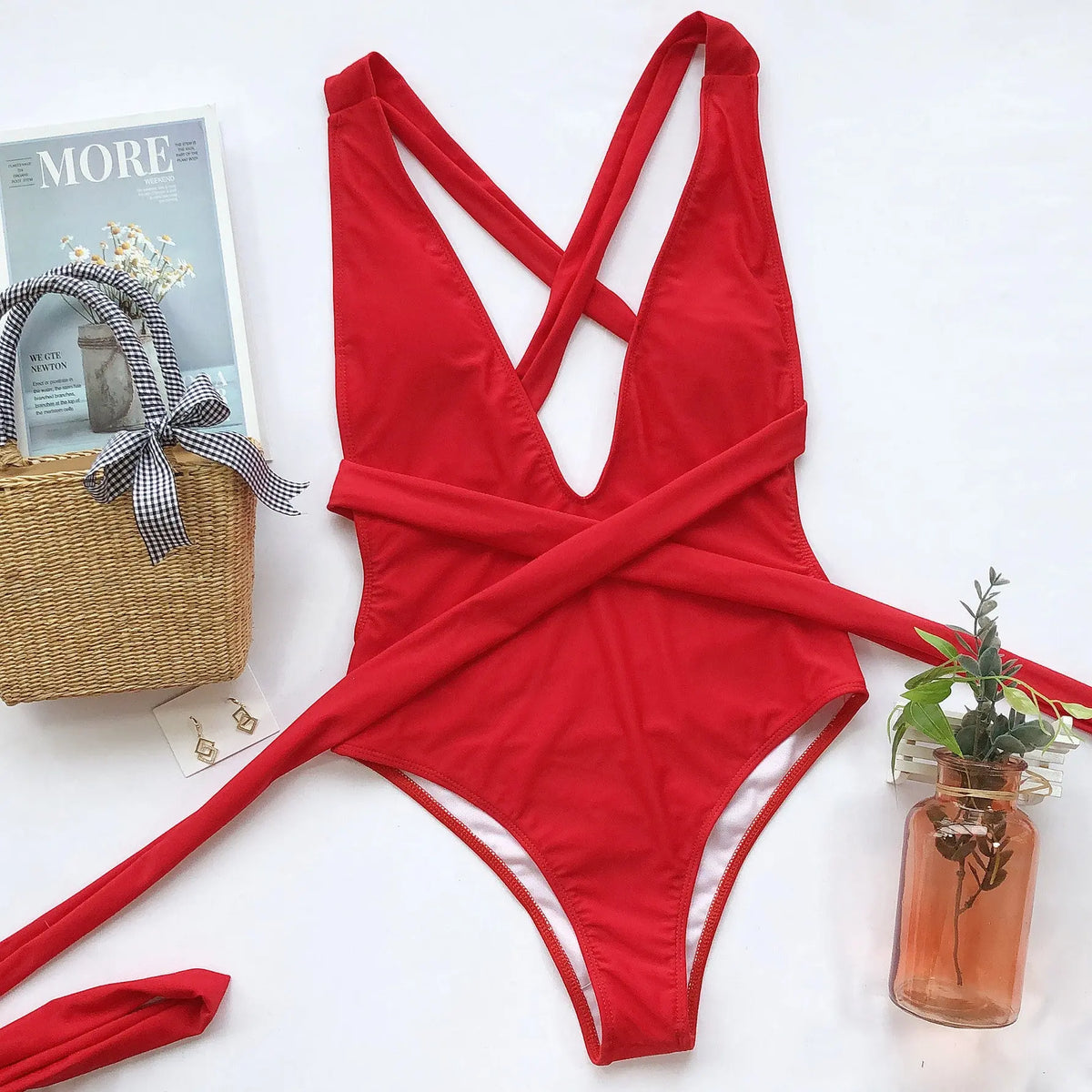 Halter Neck Deep V Tied One-Piece Swimsuit STYLE SOURCE