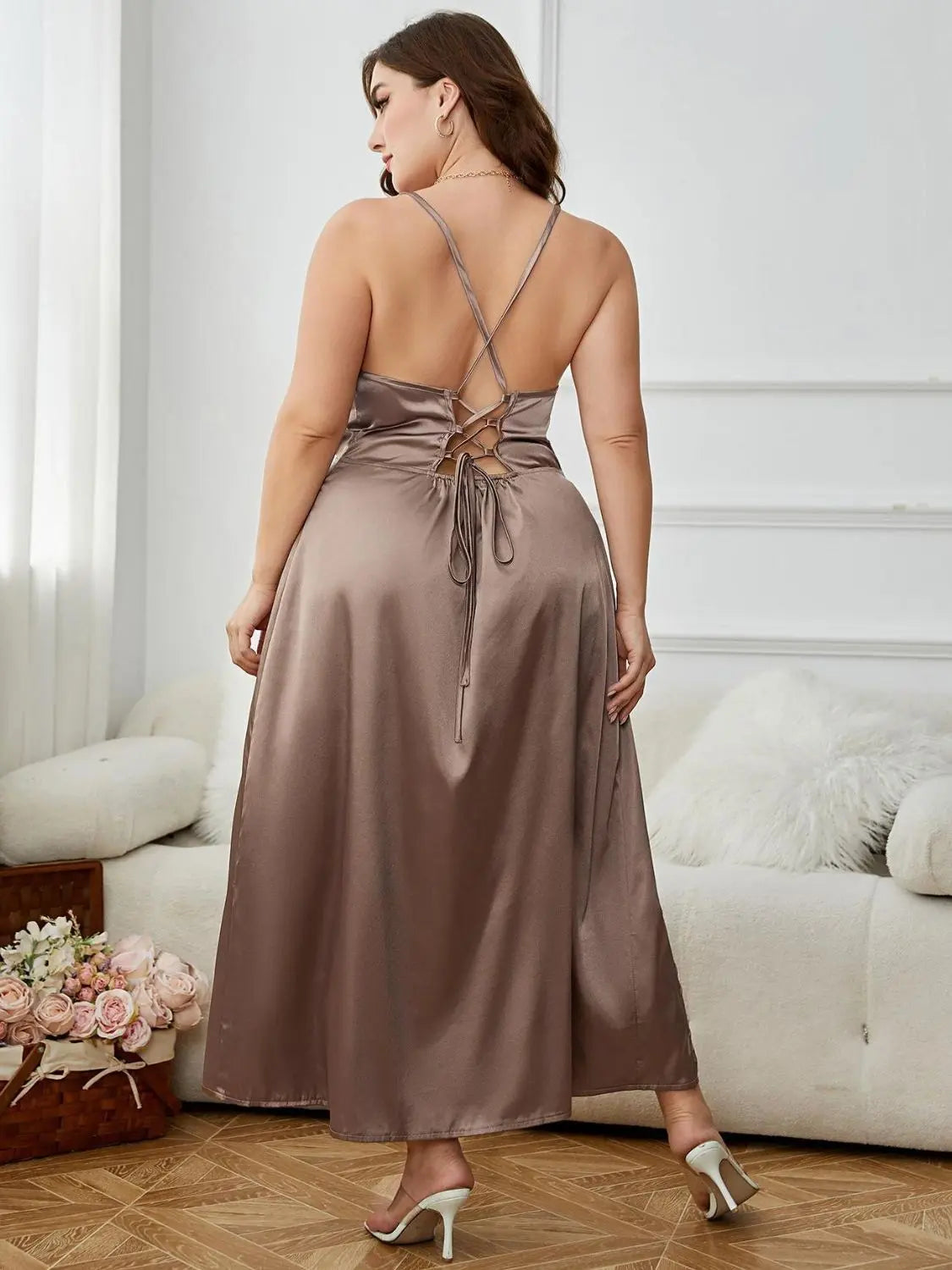 Plus Size Lace-Up Spaghetti Strap Split Night Dress STYLE SOURCE