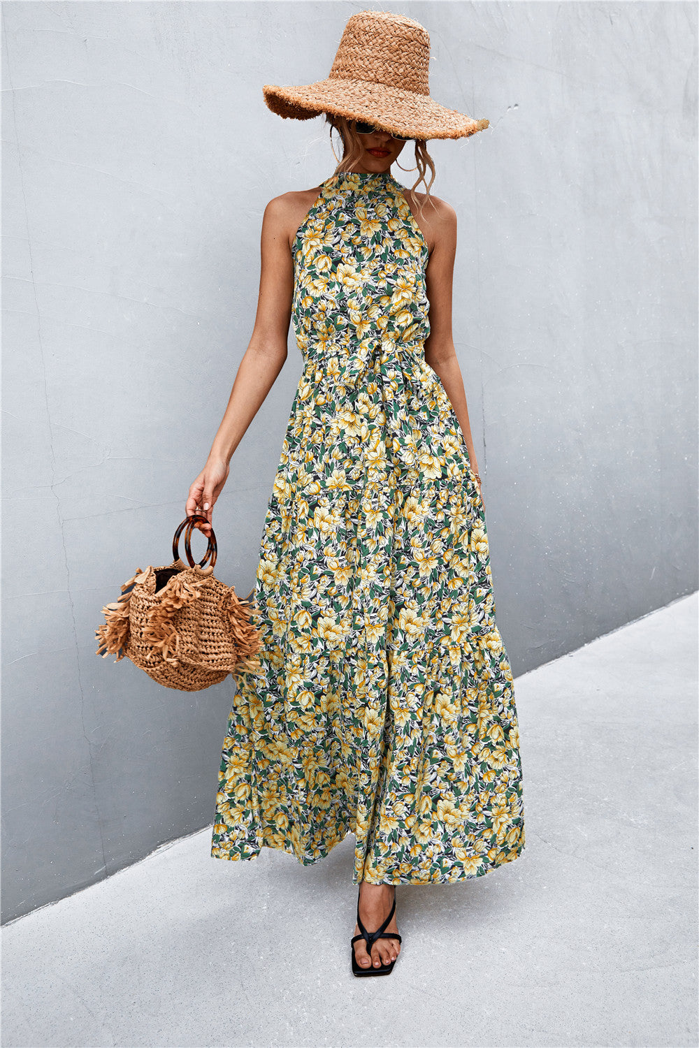 Printed Sleeveless Tie Waist Maxi Dress STYLE SOURCE