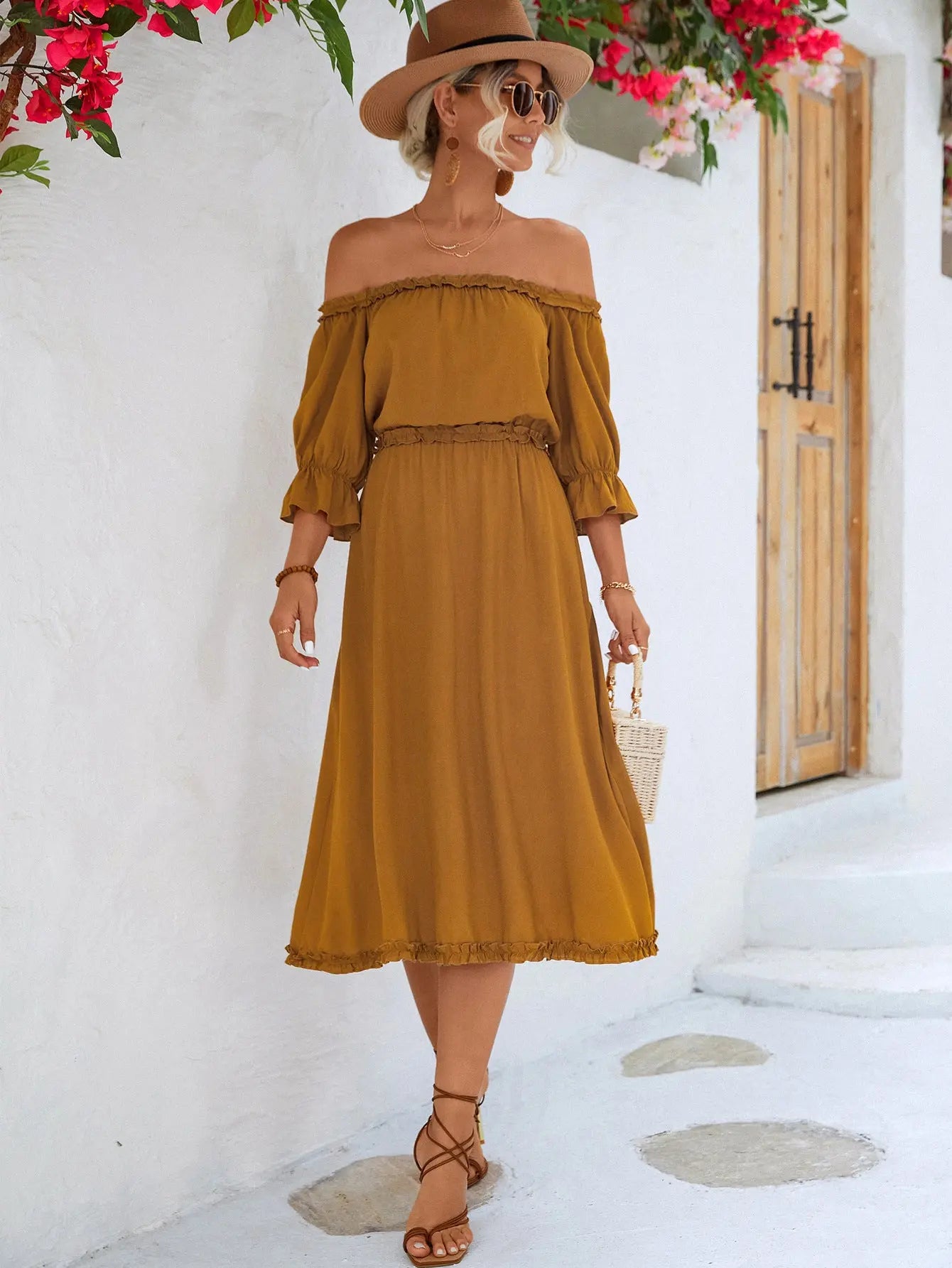 Frilled Off-Shoulder Flounce Sleeve Dress STYLE SOURCE