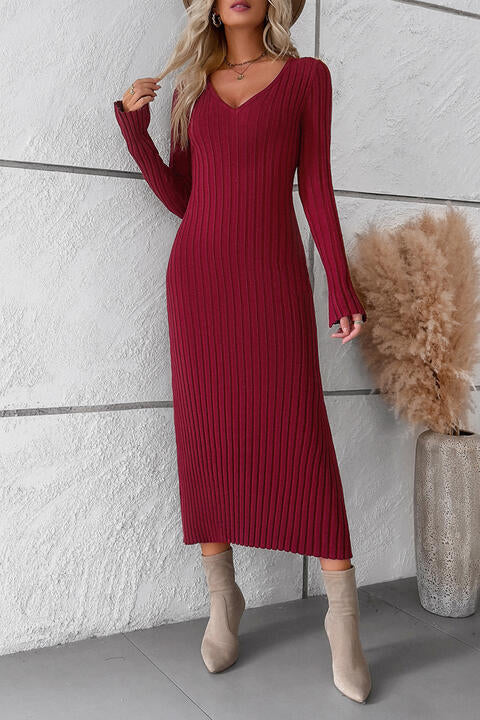 V-Neck Long Sleeve Ribbed Sweater Dress STYLE SOURCE