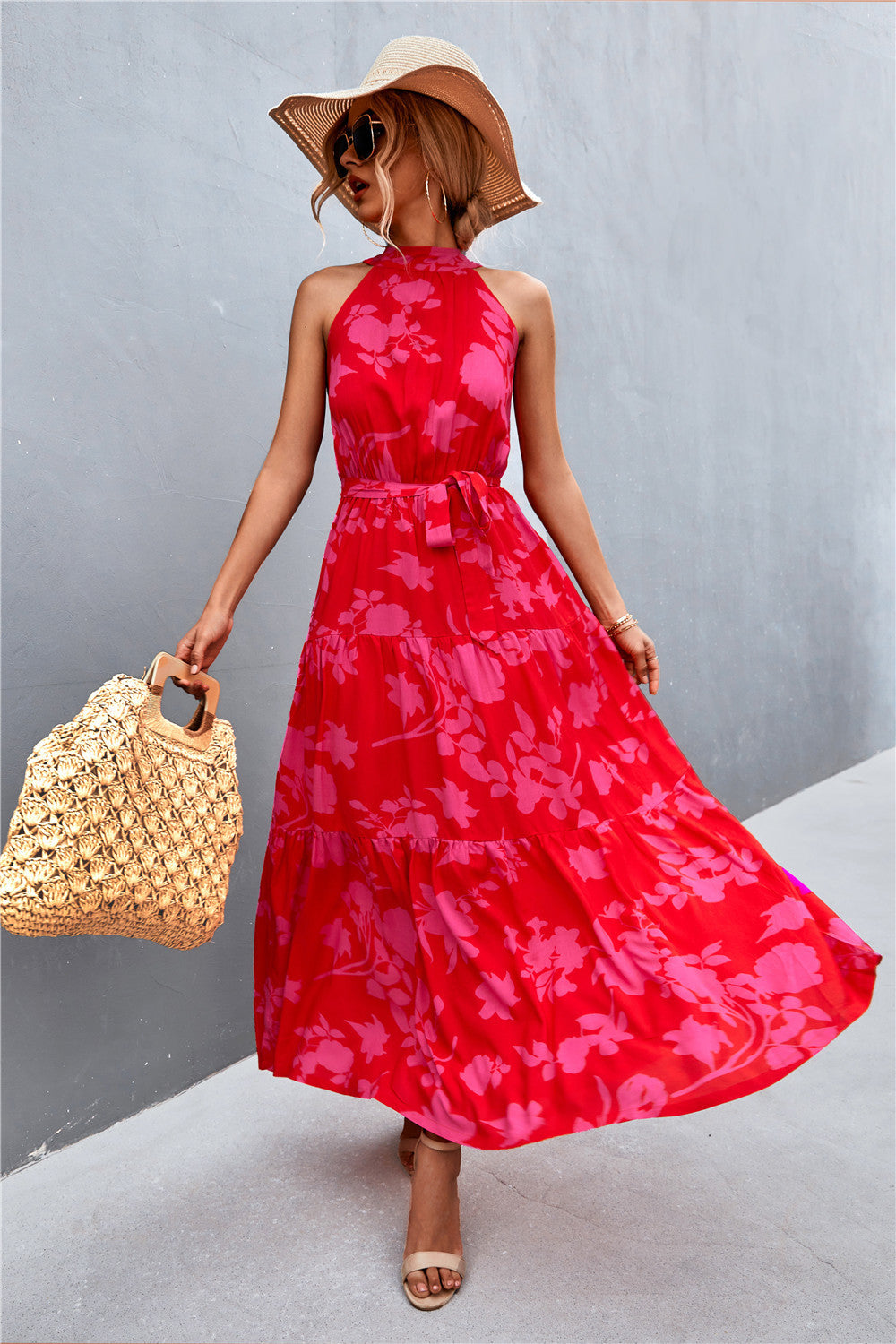 Printed Sleeveless Tie Waist Maxi Dress STYLE SOURCE