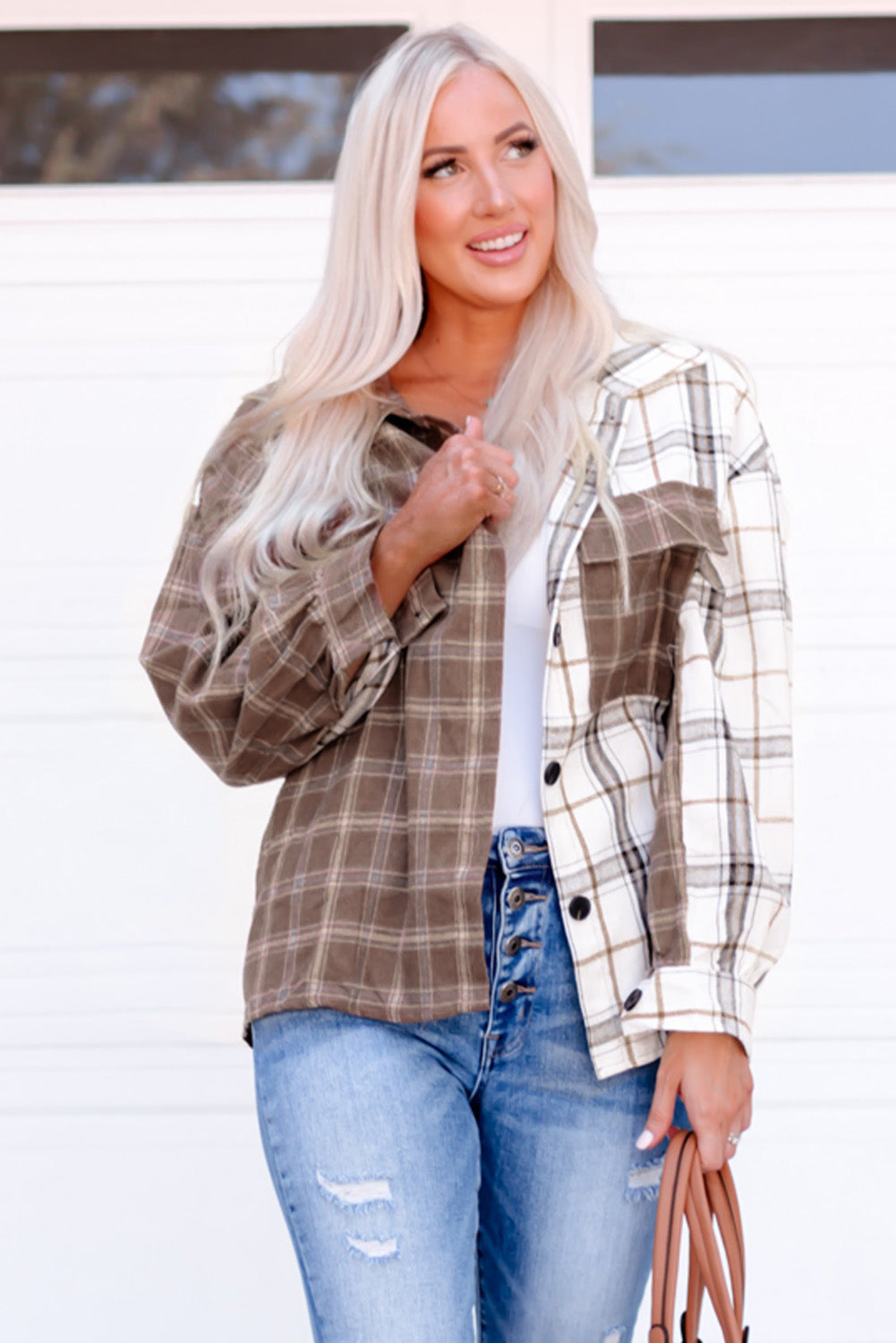 Plaid Contrast Button Up Shirt Jacket STYLE SOURCE