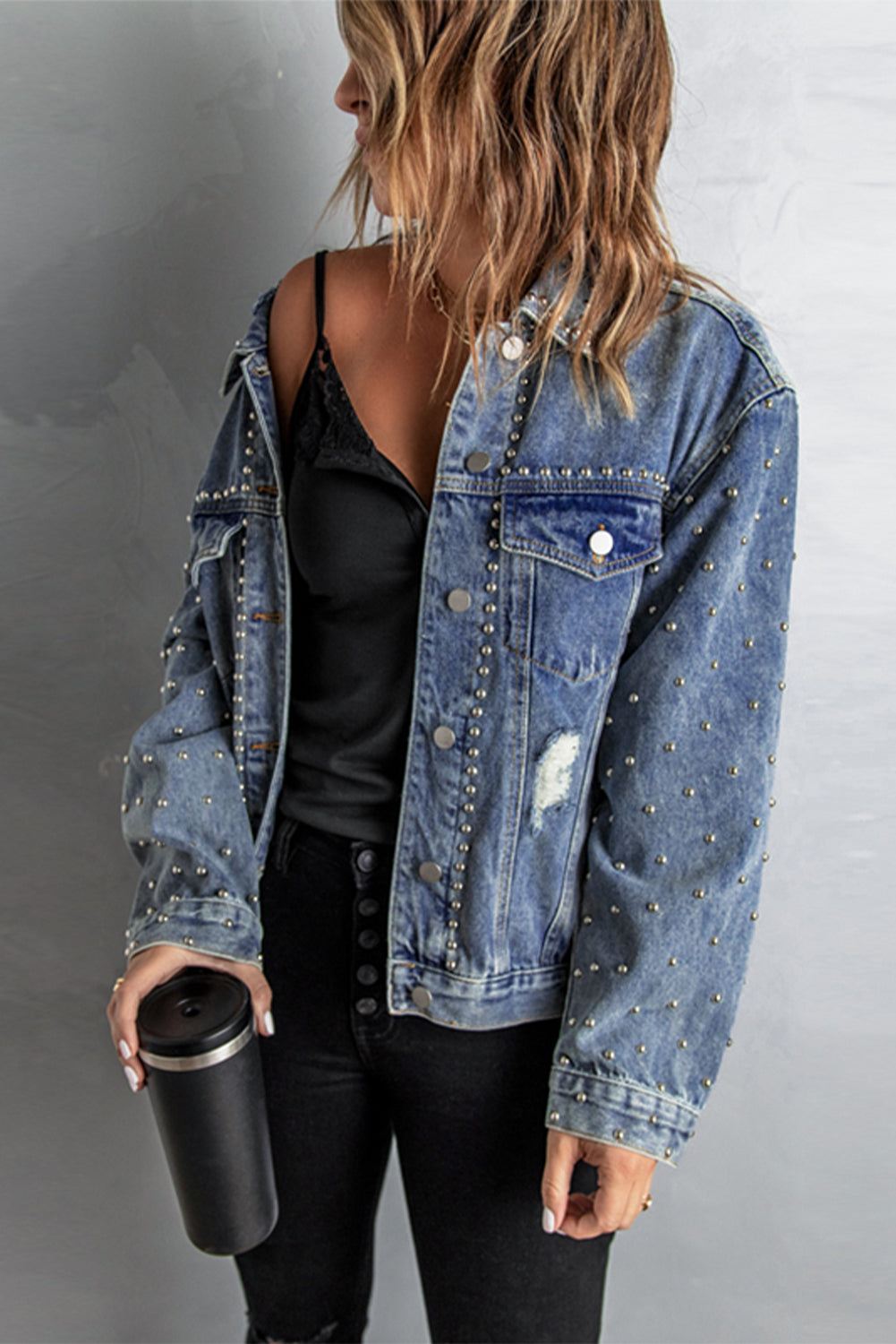 Studded Button Down Denim Jacket STYLE SOURCE