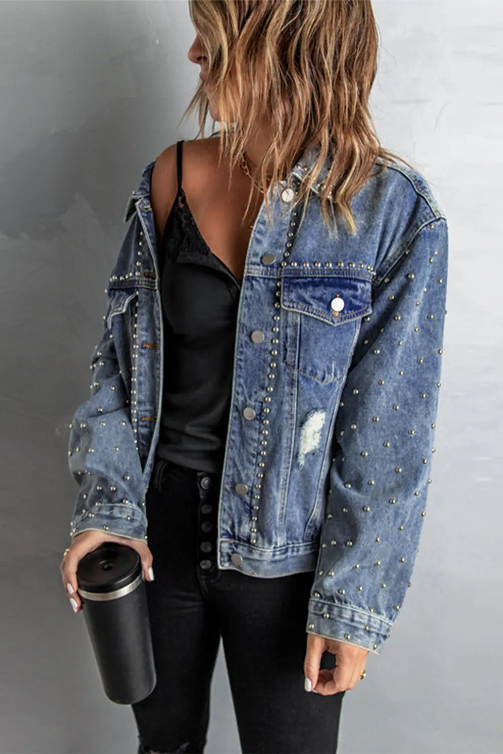 Studded Button Down Denim Jacket STYLE SOURCE