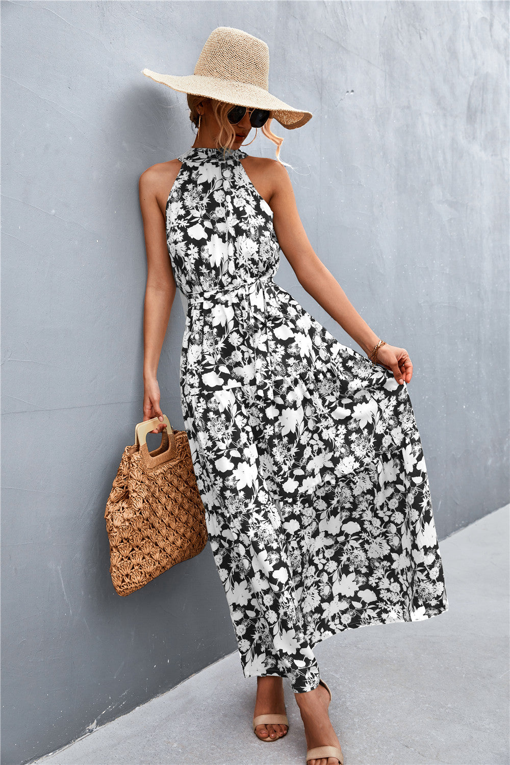 Printed Sleeveless Tie Waist Maxi Dress STYLE SOURCE