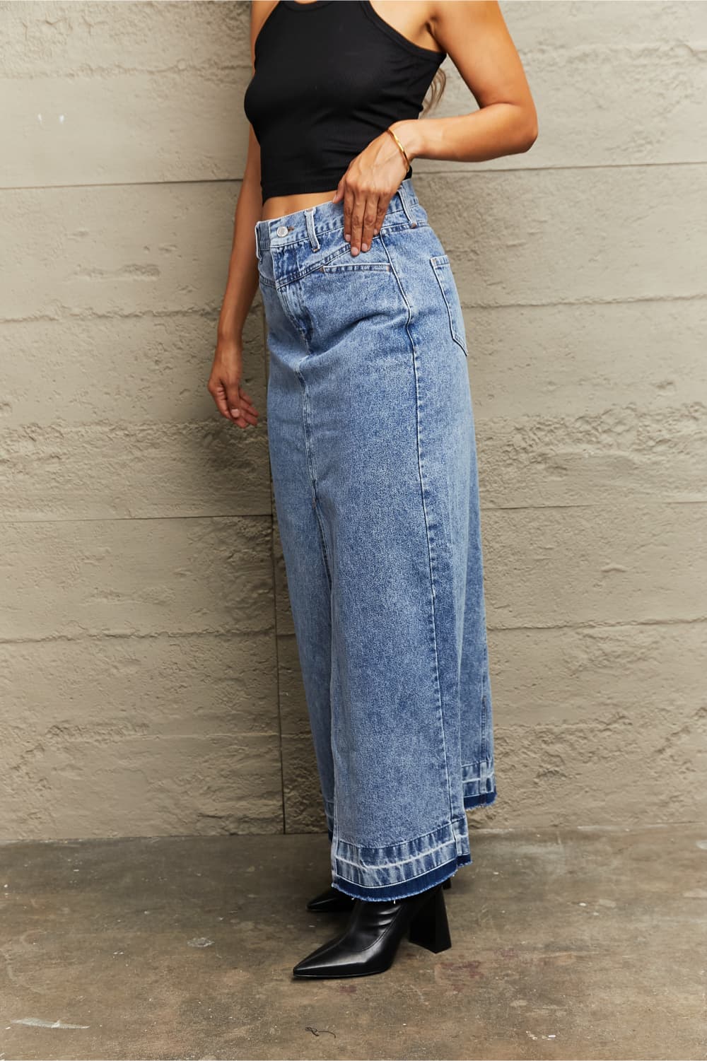 Front Slit Maxi Denim Skirt STYLE SOURCE