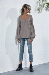 V-Neck Long Sleeve Dropped Shoulder Knit Top STYLE SOURCE