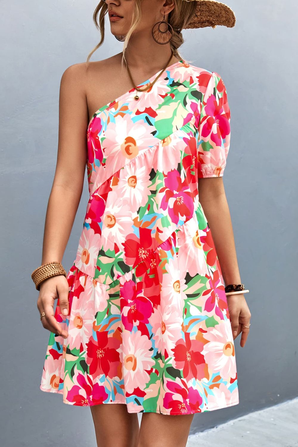 Floral One-Shoulder Puff Sleeve Dress STYLE SOURCE