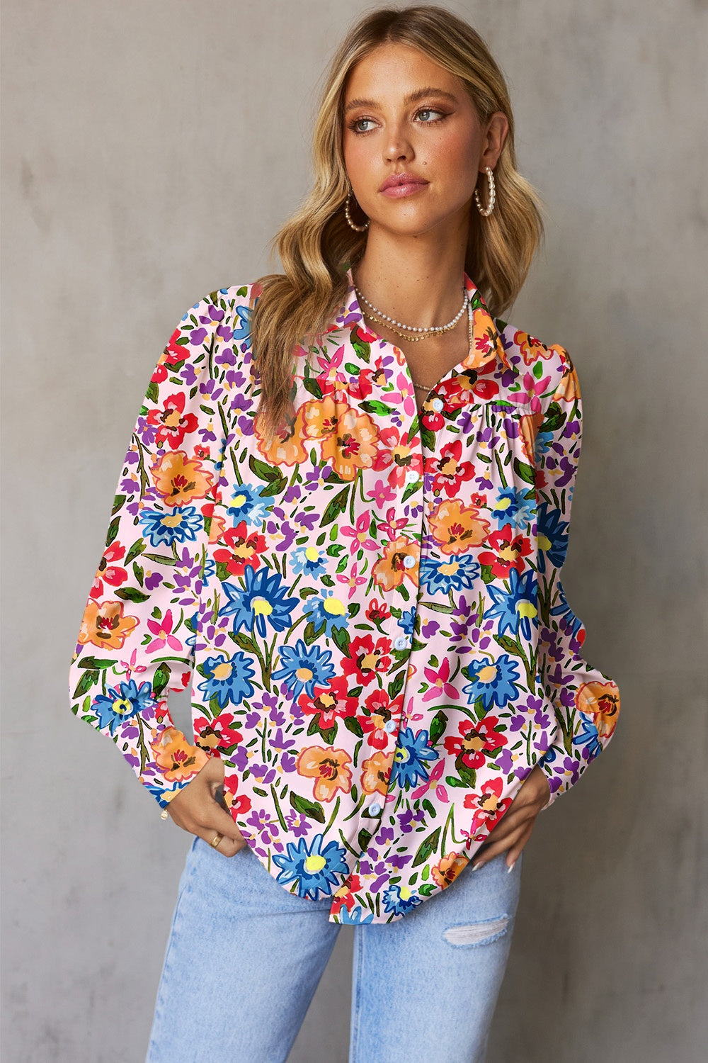 Printed Collared Neck Long Sleeve Shirt STYLE SOURCE