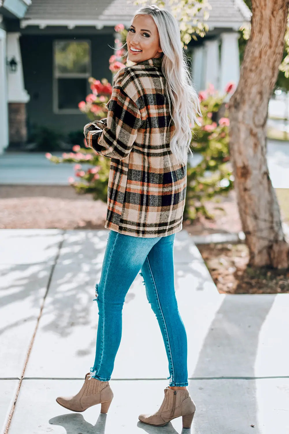Plaid Button Front Shirt Jacket with Breast Pockets STYLE SOURCE