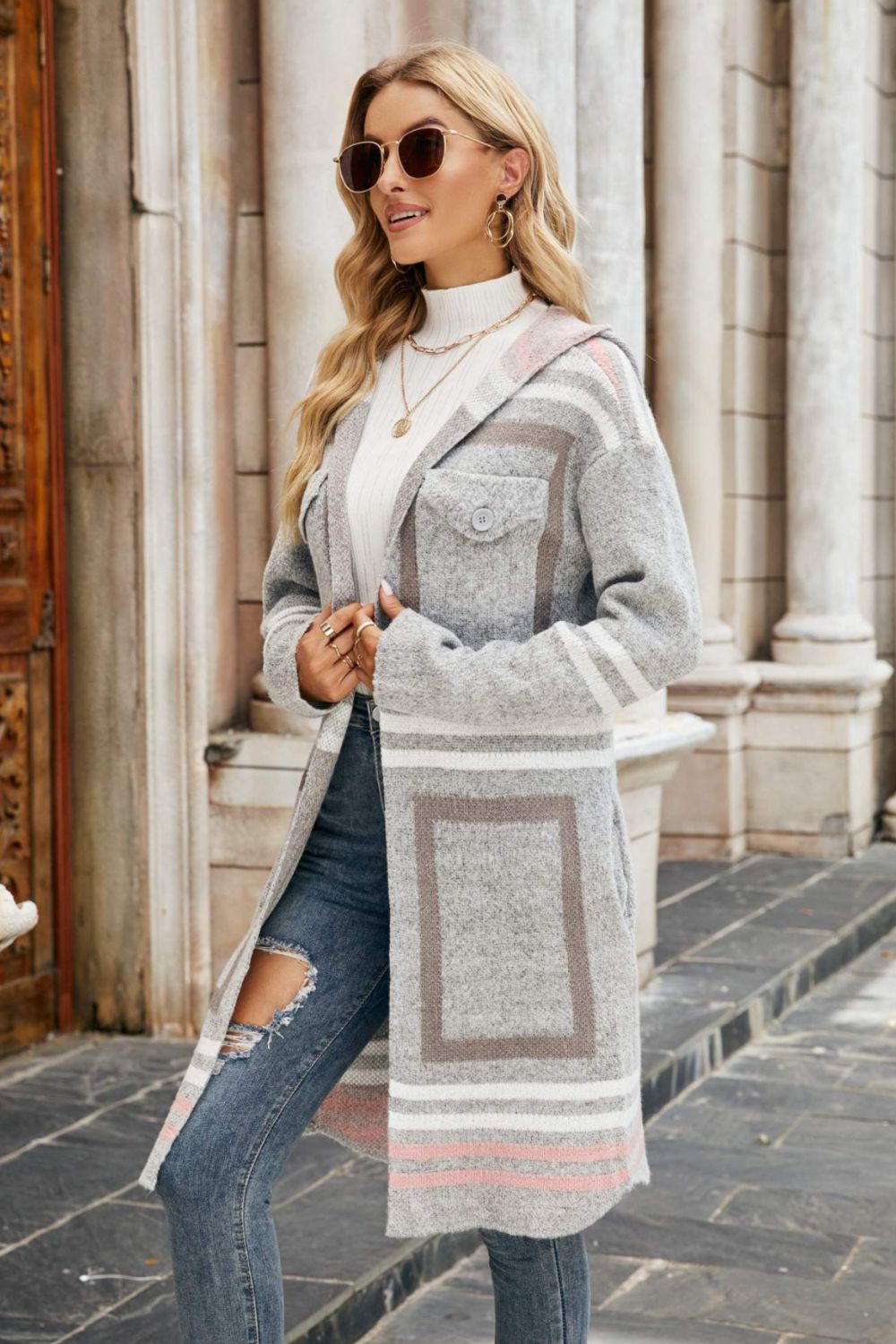 Printed Open Front Hooded Longline Cardigan STYLE SOURCE