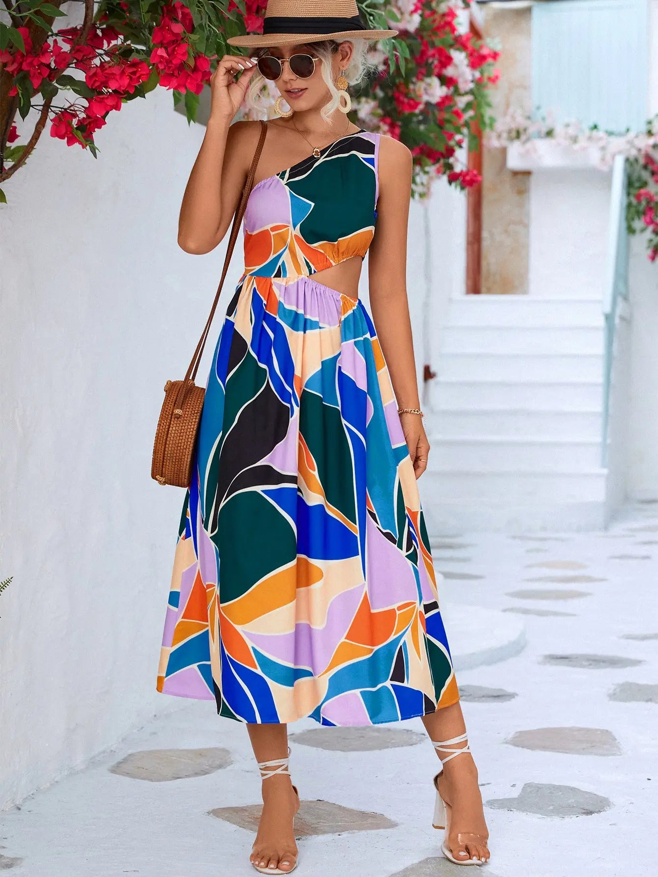 Printed Cutout One-Shoulder Sleeveless Dress STYLE SOURCE