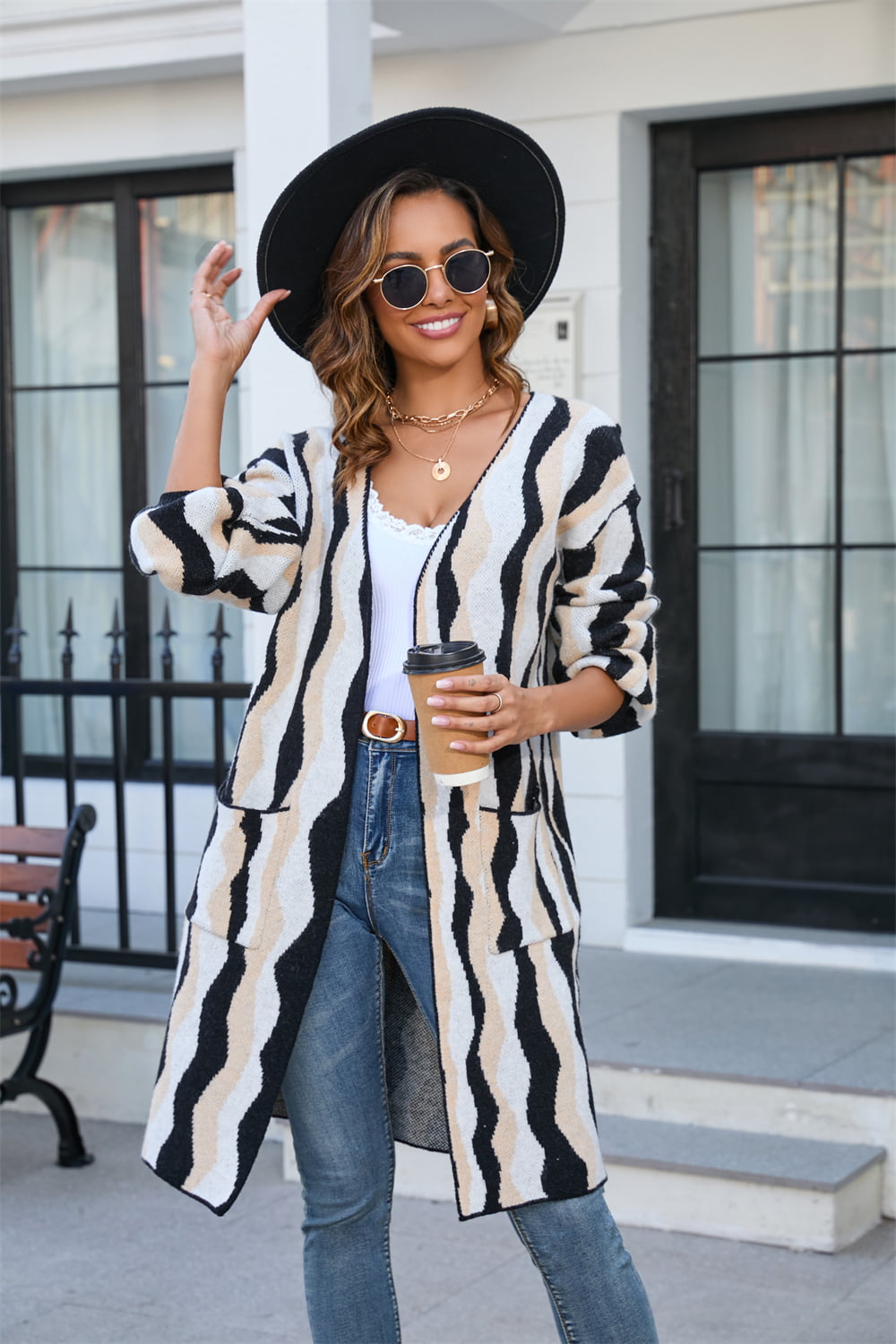 Printed Open Front Pocketed Cardigan STYLE SOURCE