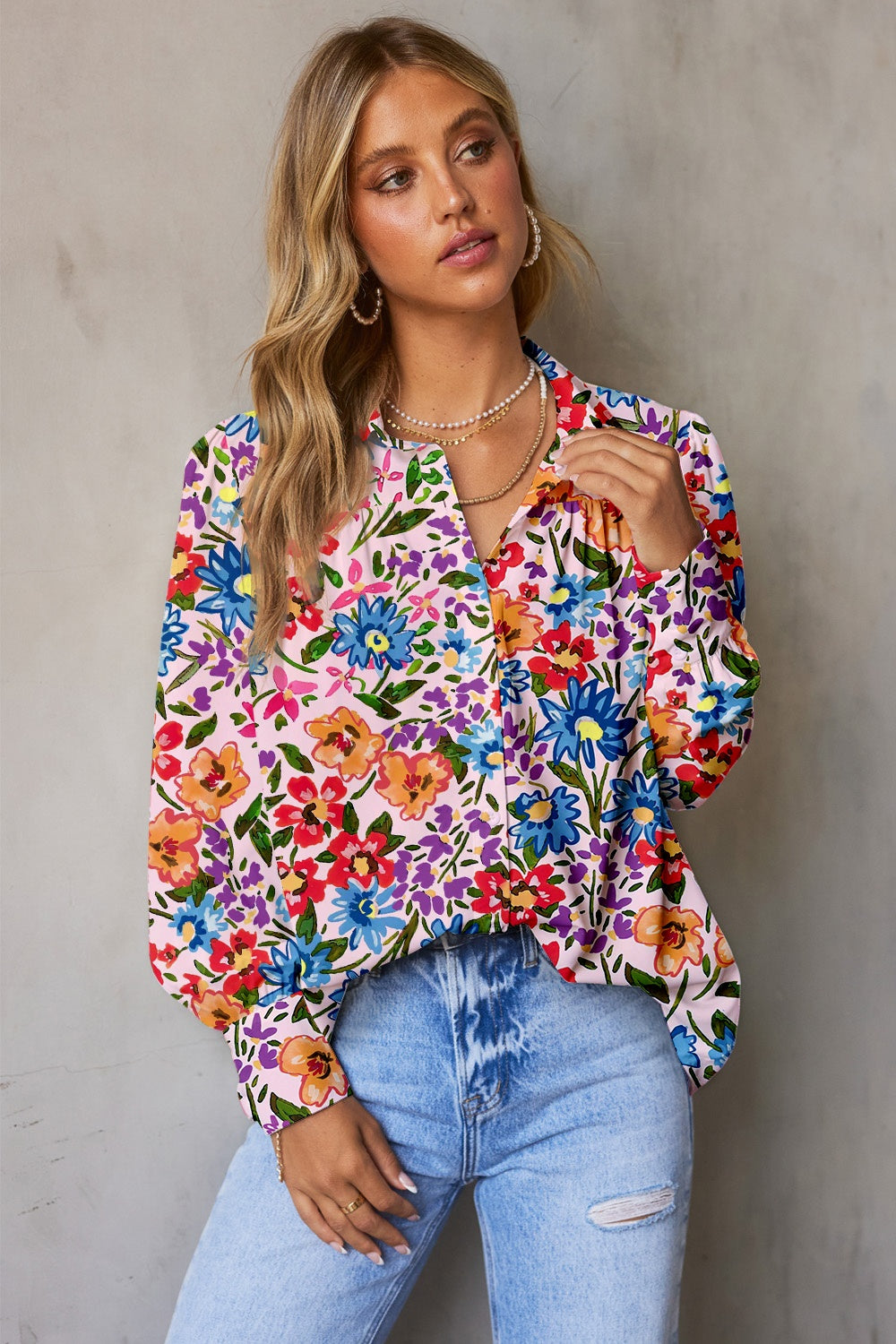 Printed Collared Neck Long Sleeve Shirt STYLE SOURCE