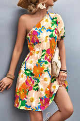 Floral One-Shoulder Puff Sleeve Dress STYLE SOURCE