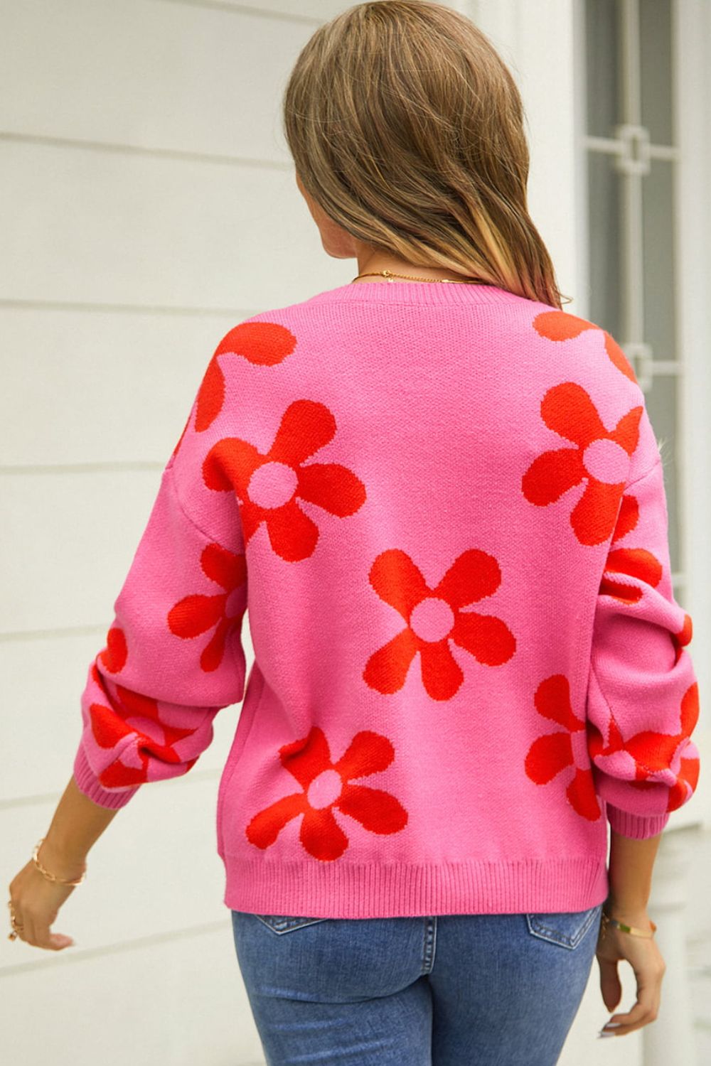 Floral Print Round Neck Dropped Shoulder Pullover Sweater STYLE SOURCE