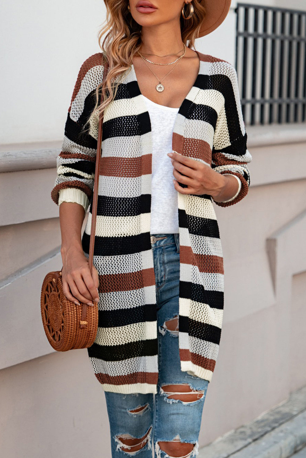 Full Size Striped Long Sleeve Openwork Cardigan STYLE SOURCE