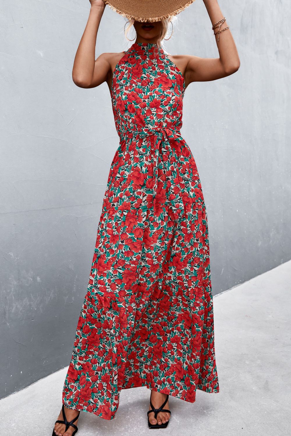 Printed Sleeveless Tie Waist Maxi Dress STYLE SOURCE