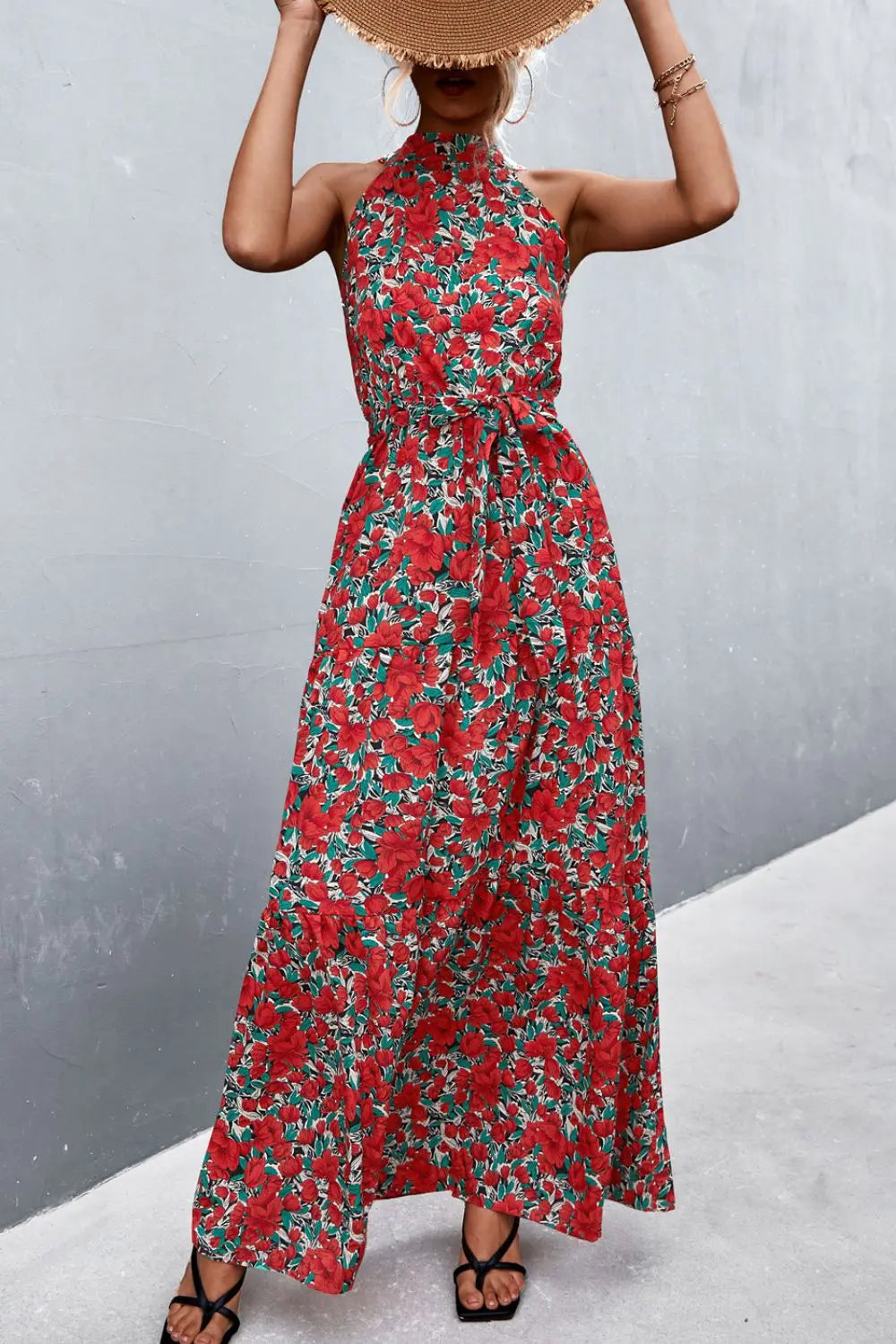 Printed Sleeveless Tie Waist Maxi Dress STYLE SOURCE