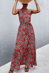 Printed Sleeveless Tie Waist Maxi Dress STYLE SOURCE
