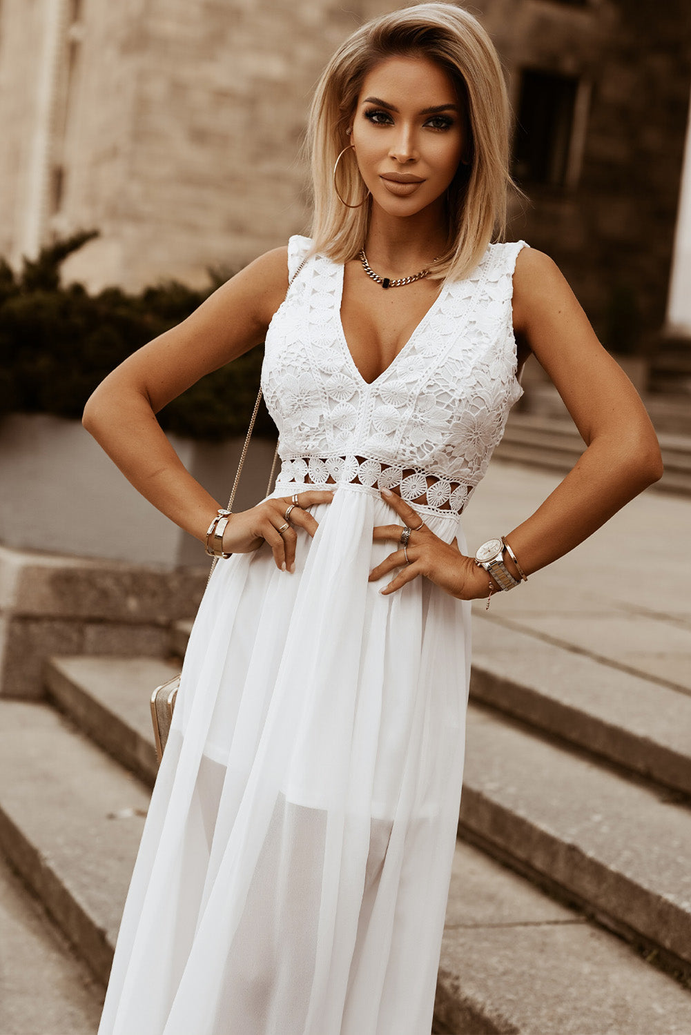 Slit Lace Detail V-Neck Dress STYLE SOURCE