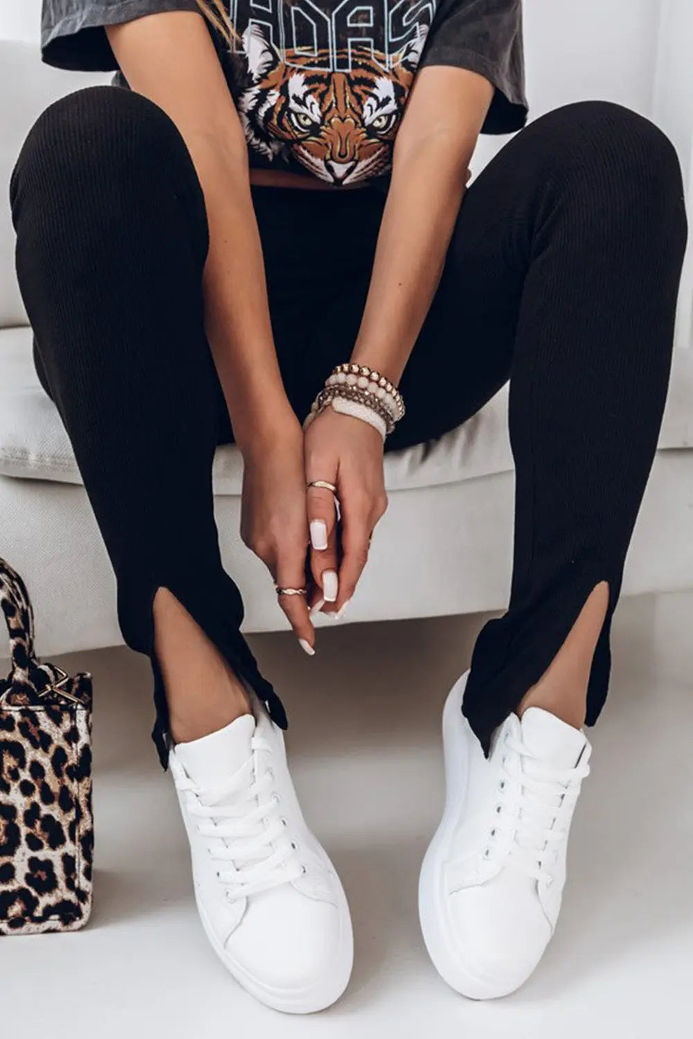 High Waist Ribbed Slit Leggings STYLE SOURCE
