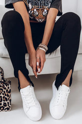 High Waist Ribbed Slit Leggings STYLE SOURCE