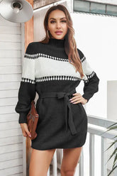 Contrast Tie Front Long Sleeve Sweater Dress STYLE SOURCE