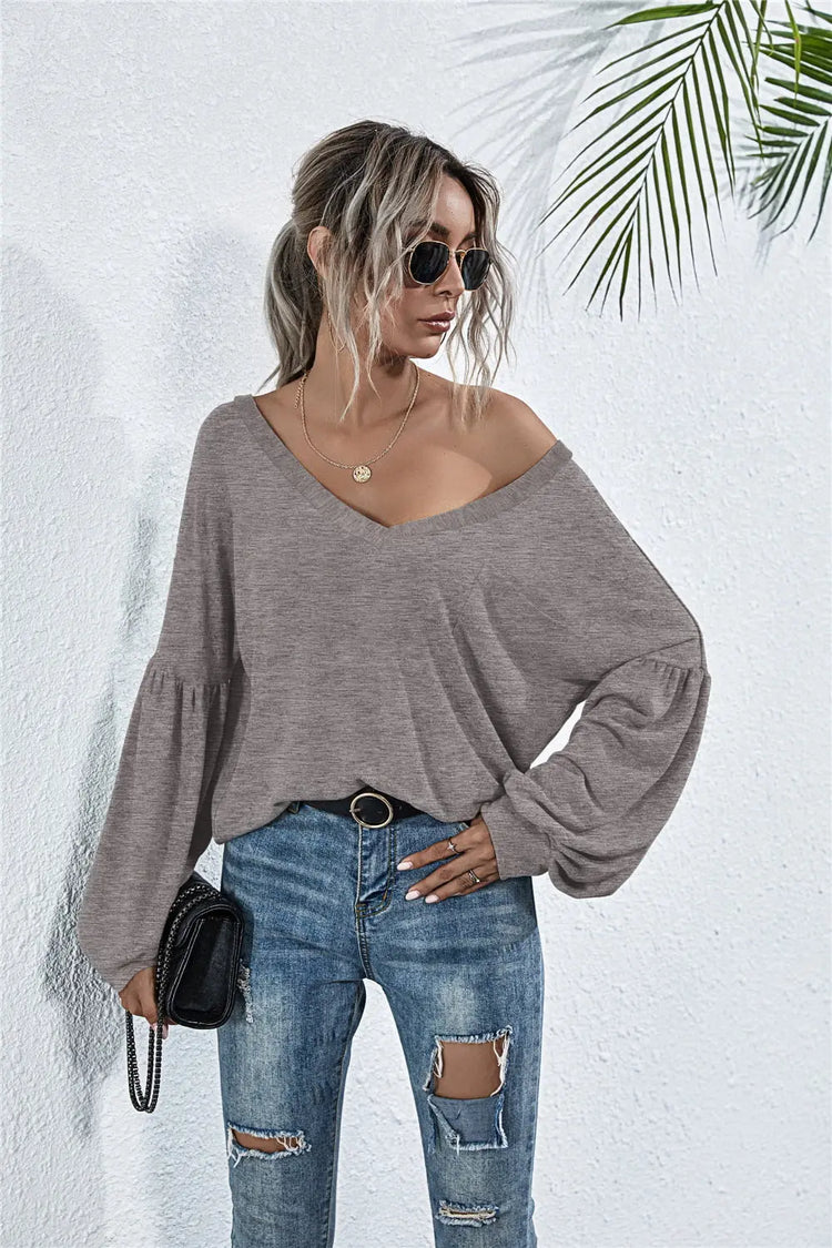 V-Neck Long Sleeve Dropped Shoulder Knit Top STYLE SOURCE