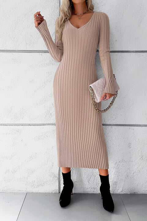 V-Neck Long Sleeve Ribbed Sweater Dress STYLE SOURCE