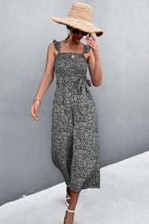 Printed Ruffle Strap Smocked Belted Jumpsuit STYLE SOURCE