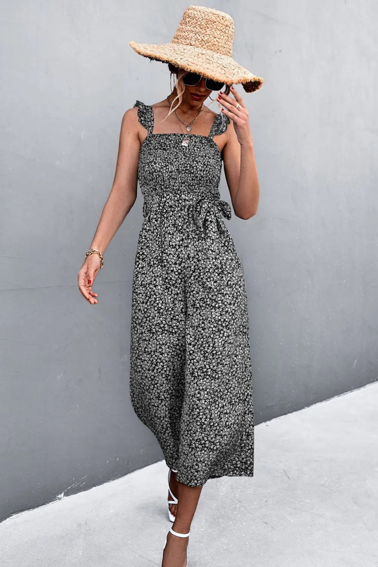 Printed Ruffle Strap Smocked Belted Jumpsuit STYLE SOURCE