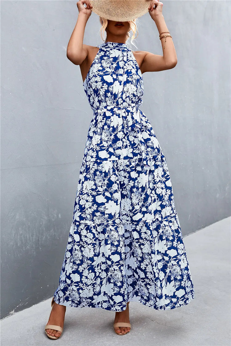 Printed Sleeveless Tie Waist Maxi Dress STYLE SOURCE