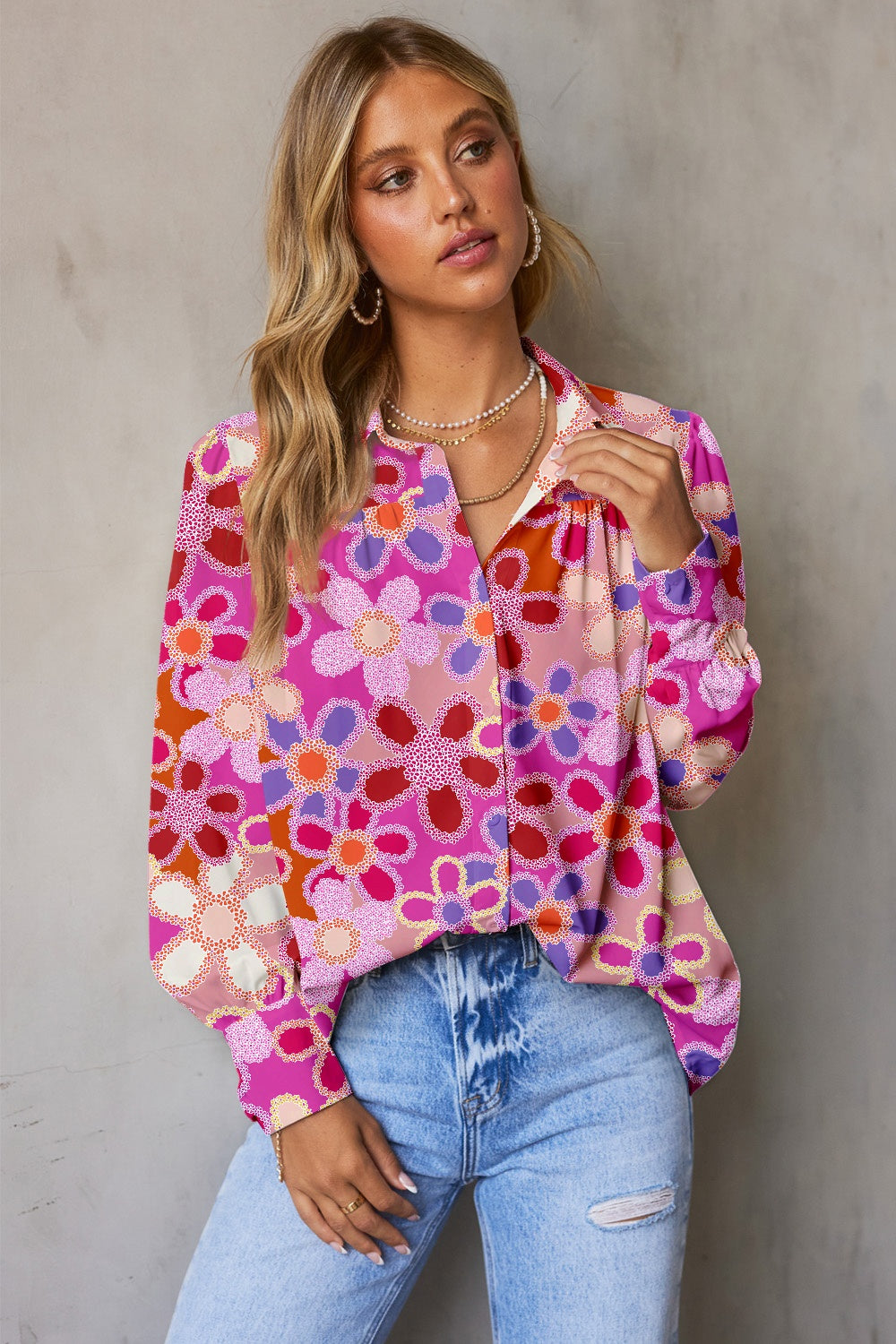 Printed Collared Neck Long Sleeve Shirt STYLE SOURCE