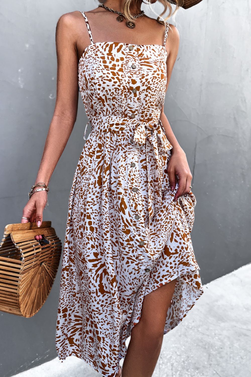 Printed Spaghetti Strap Decorative Button Belted Dress STYLE SOURCE