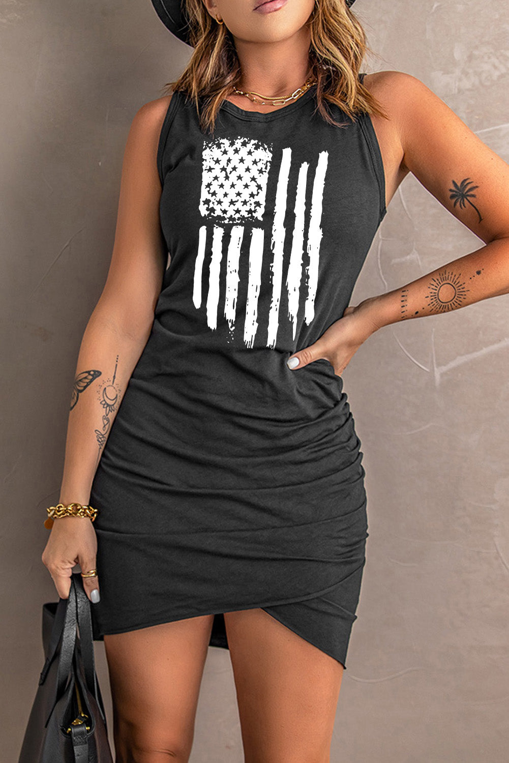 US Flag Graphic Tulip Hem Ruched Sleeveless Dress STYLE SOURCE