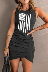 US Flag Graphic Tulip Hem Ruched Sleeveless Dress STYLE SOURCE