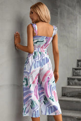 Printed Ruffle Strap Smocked Belted Jumpsuit STYLE SOURCE