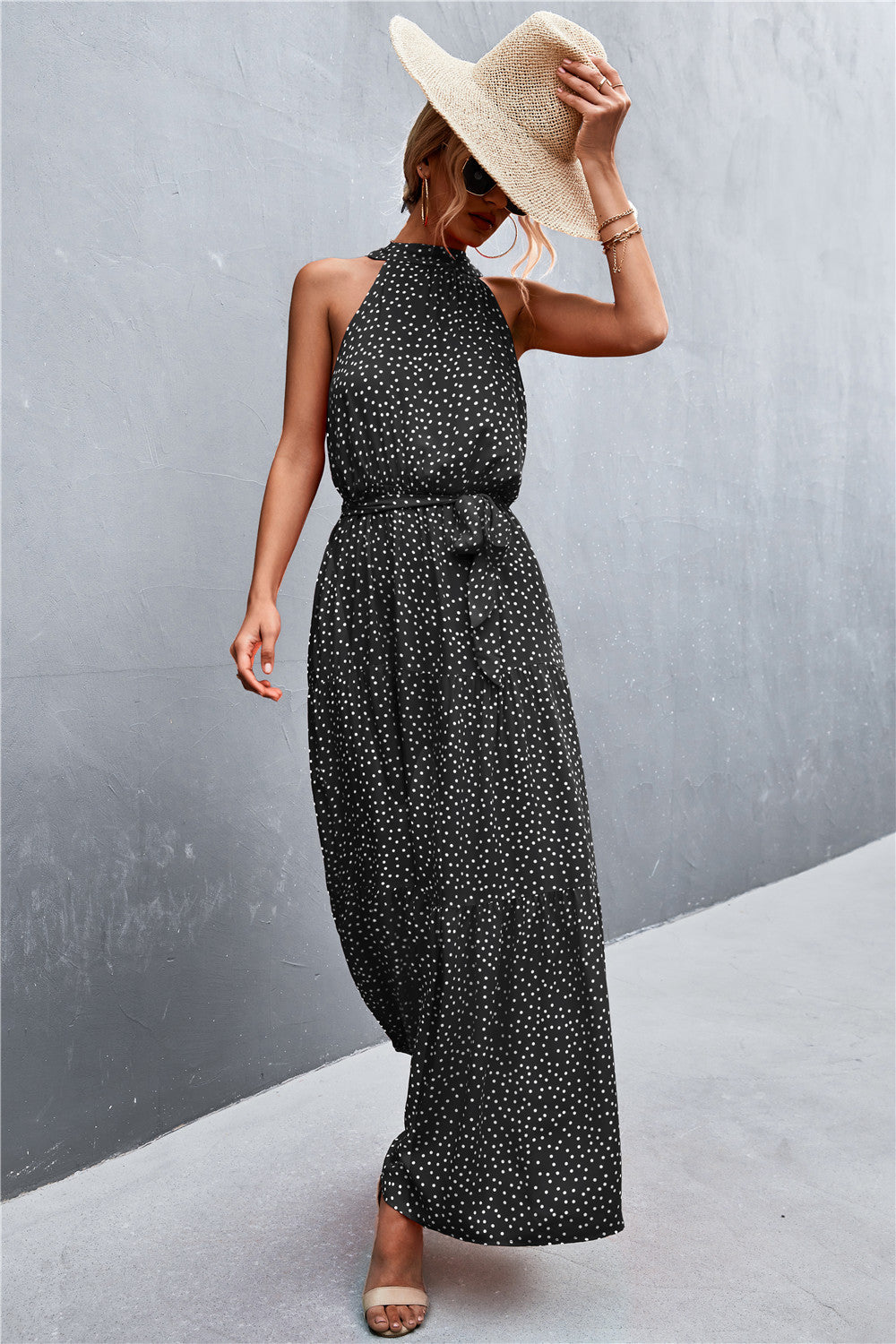 Printed Sleeveless Tie Waist Maxi Dress STYLE SOURCE