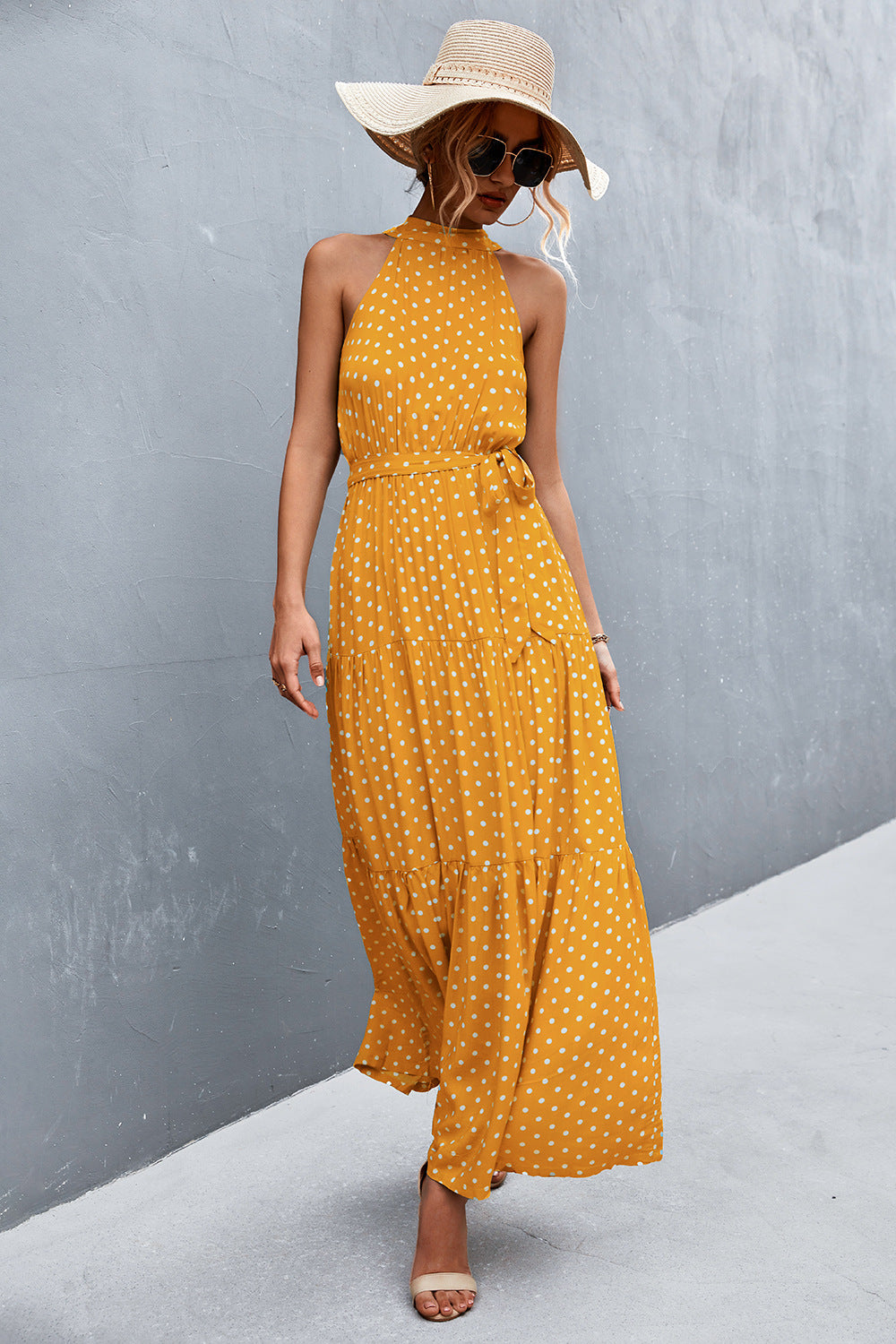 Printed Sleeveless Tie Waist Maxi Dress STYLE SOURCE