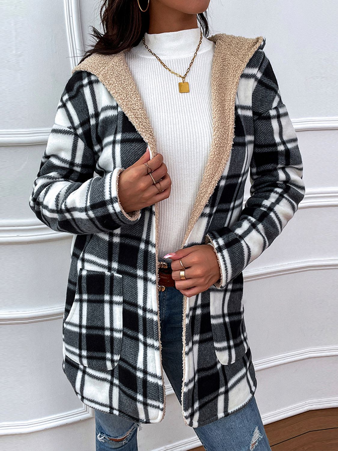 Plaid Hooded Longline Coat STYLE SOURCE