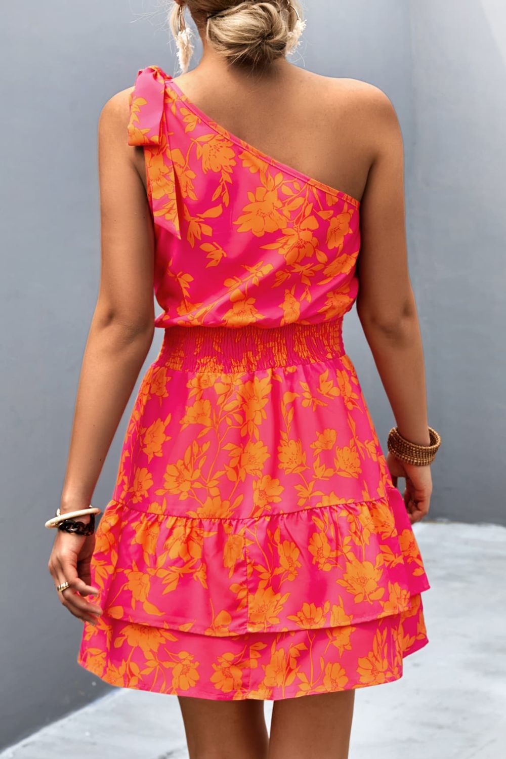 Floral Smocked Waist Tied One-Shoulder Dress STYLE SOURCE