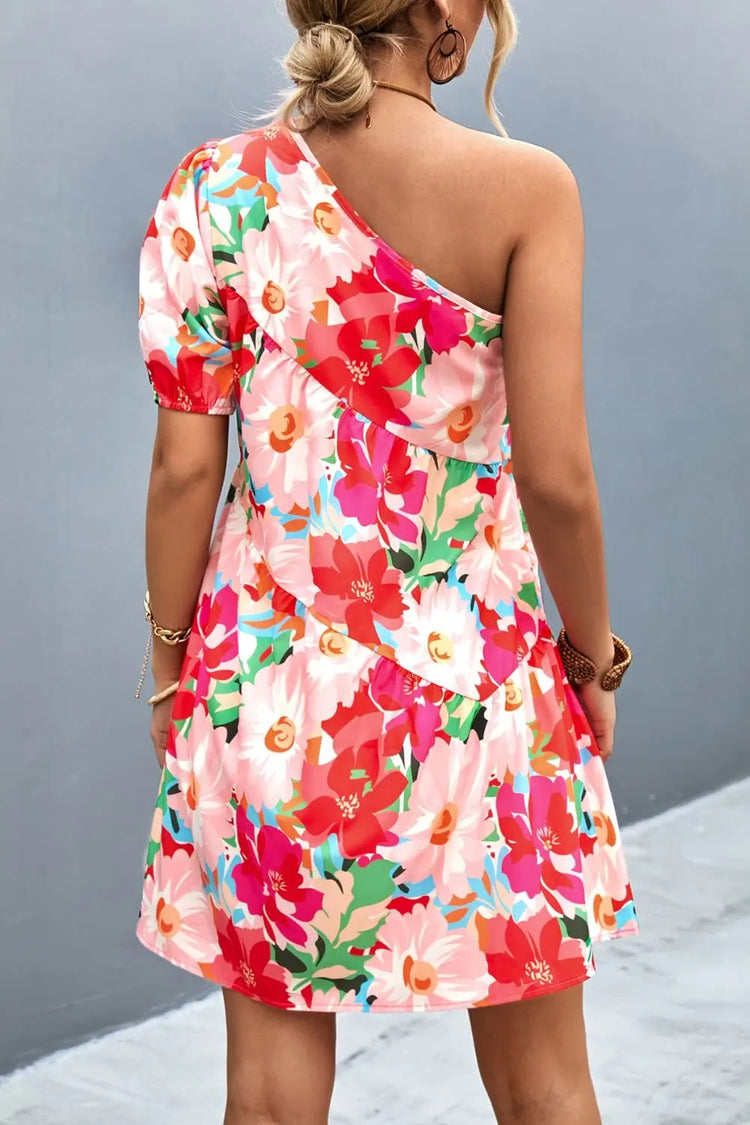 Floral One-Shoulder Puff Sleeve Dress STYLE SOURCE
