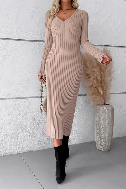 V-Neck Long Sleeve Ribbed Sweater Dress STYLE SOURCE