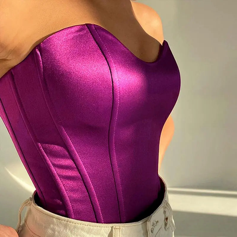 2023 Y2K Satin Off Shoulder Corset Cropped Top For Women STYLE SOURCE